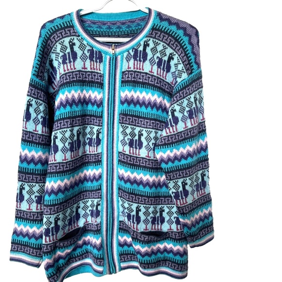 Alpaca Sweater Pink & Blue Cardigan Full Zipper Striped Soft Made in Peru - Picture 1 of 8